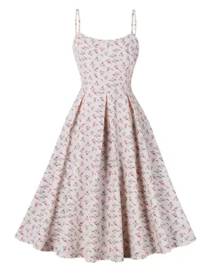 1950S Floral Print Spaghetti Strap Vintage Swing Dress