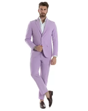 Abito Uomo Monopetto Vestito Completo Giacca Pantaloni Lilla Tinta Unita Elegante Casual GIOSAL-AE1032A