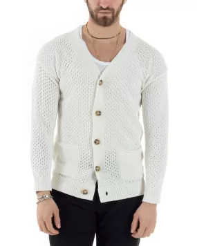 Cardigan Uomo Scollo V Maglia Bucata Maglioncino Traforato Giacca Con Bottoni Bianco Casual GIOSAL-M2822A