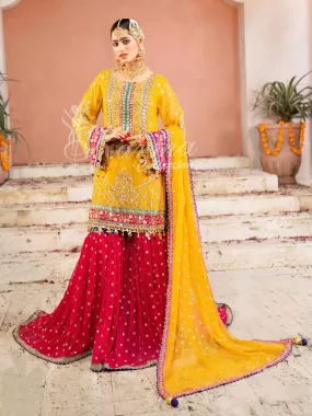 Karma Collection Yellow & Pink Chiffon Sharara Suit (F-425)