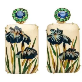 Silvia Furmanovich - Drop Earrings with Iris Flowers Marquetry, Tsavorite and Kyanite, 18k Yellow Gold