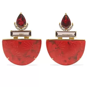 Silvia Furmanovich - Drop Earrings with Red Ginko Marquetry, Garnet, Smoky Quartz and Diamonds, 18k Yellow Gold